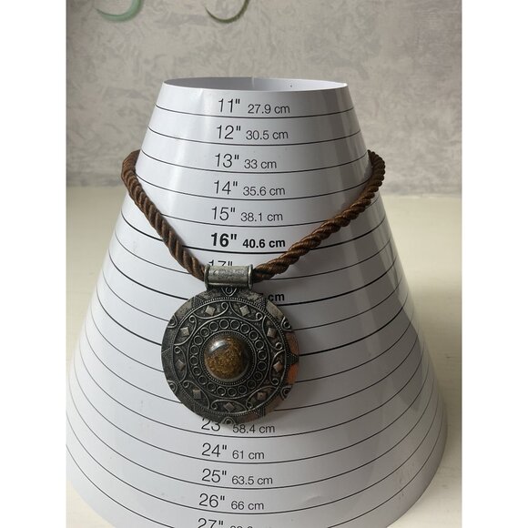 Vintage Bohemian Style Rope Necklace With Round Ethnic Pendant - Picture 2 of 5